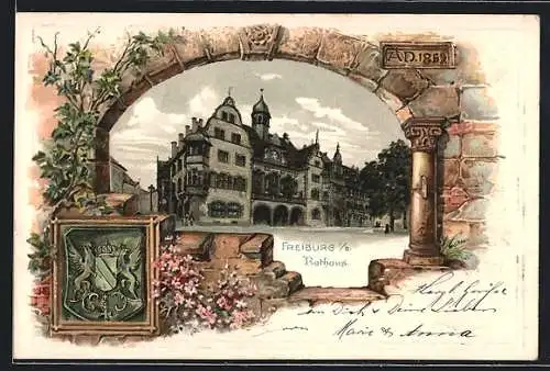 Passepartout-Lithographie Freiburg / Breisgau, Rathaus, Wappen