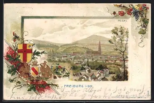 Passepartout-Lithographie Freiburg i. Br., Totalansicht der Stadt, Wappen