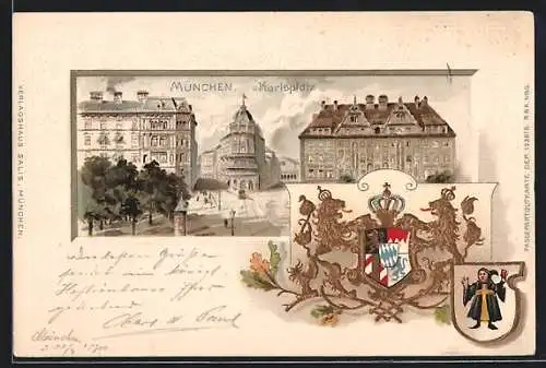 Lithographie München, Karlsplatz, Wappen, Münchner Kindl