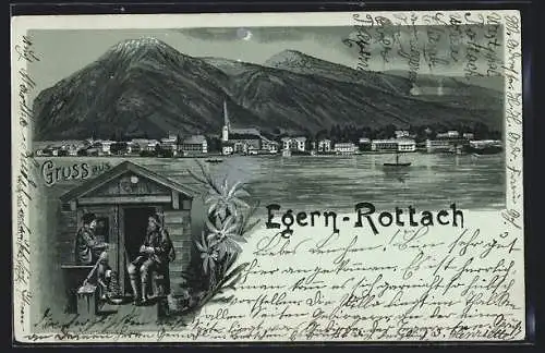 Mondschein-Lithographie Egern-Rottach, Panoramablick auf die Ortschaft