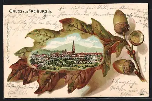 Passepartout-Lithographie Freiburg i. B., Stadtansicht auf einem Eichenblatt