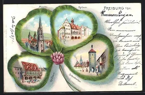 Passepartout-Lithographie Freiburg i. Br., Münster, Rathaus, Kaufhaus und Schwabenthor