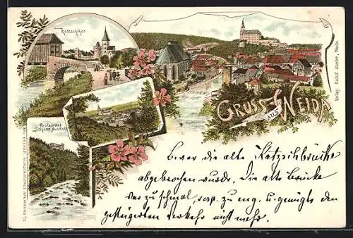 Lithographie Weida / Thür., Restaurant Schöne Aussicht, Katzschthor, Totalansicht mit Schloss