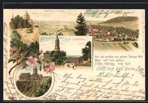 Lithographie Bad Berka, Ortsansicht mit Rudelsburg, Residenzschloss Weimar, Wartburg