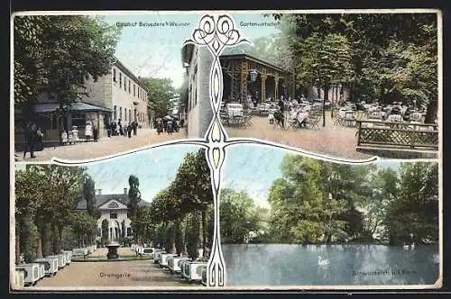 AK Weimar / Thür., Gasthof Belvedere, Orangerie, Schwanenteich im Park