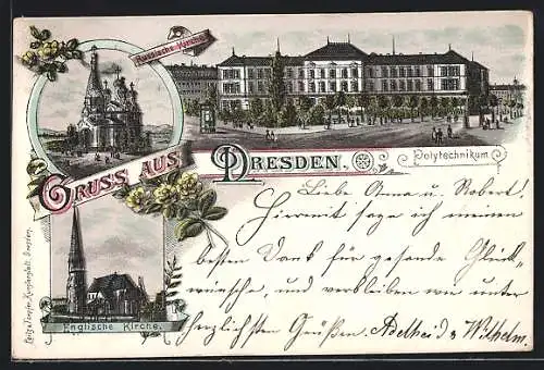 Lithographie Dresden, Polytechnikum, Russische und Englische Kirche