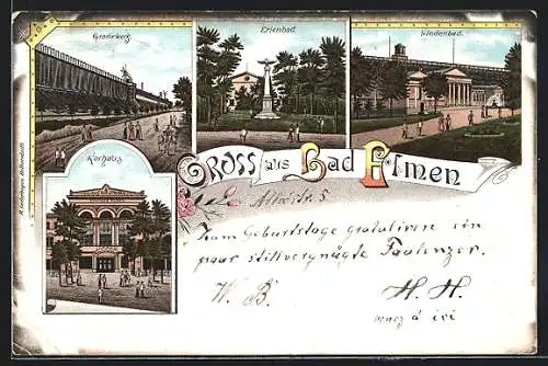 Lithographie Bad Elmen, Lindenbad, Kurhaus, Gradierwerk
