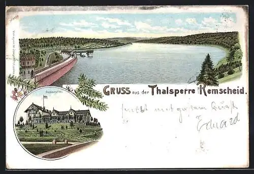 Lithographie Remscheid, Blick auf die Talsperre, Blick auf das Restaurant zur Talsperre