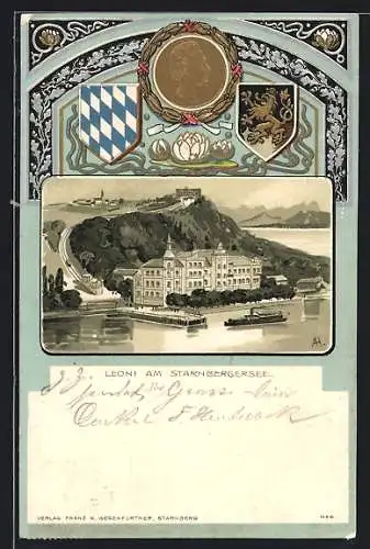 Passepartout-Lithographie Leoni am Starnbergersee, Ortsansicht aus der Vogelschau, Wappen