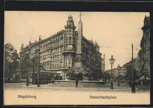 AK Magdeburg, Hasselbachplatz mit Strassenbahnen