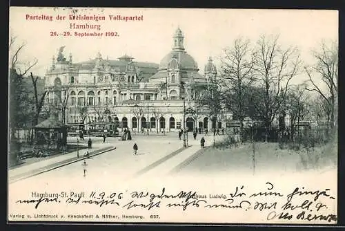 AK Hamburg-St. Pauli, Concerthaus Ludwig v.d. Helgoländer Allee aus gesehen, Strassenbahn
