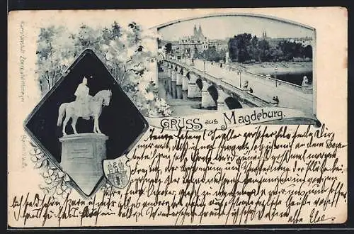 AK Magdeburg, Ortspartie mit Brücke, Reiterstandbild, Wappen