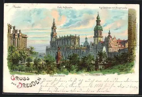 Lithographie Dresden, Theater, Katholische Hofkirche, Königliches Schloss