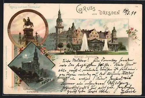Lithographie Dresden, Königliches Schloss, König Johann Denkmal, Katholische Hofkirche bei Nacht