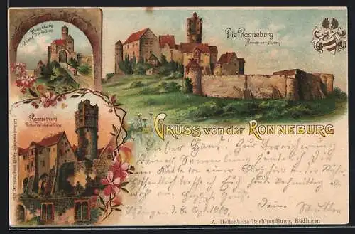 Lithographie Ronneburg / Hessen, Innere Burg, Vorburg, Gesamtansicht von Süden