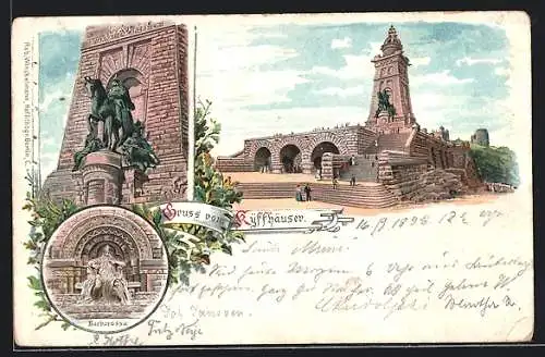 Lithographie Kyffhäuser, Denkmal und Barbarossa