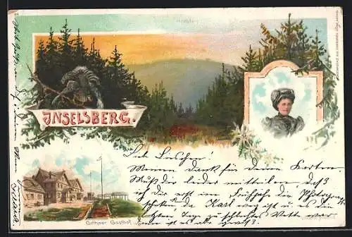 Lithographie Brotterode, Gothaer Gasthof, Inselberg, Frauenporträt, Auerhahn