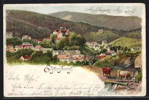 Lithographie Elgersburg, Ortsansicht mit Kühen