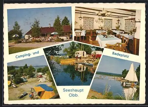 AK Seeshaupt /Obb., Camping- und Badeplatz mit Gasthaus, Innenansicht, Uferpartie