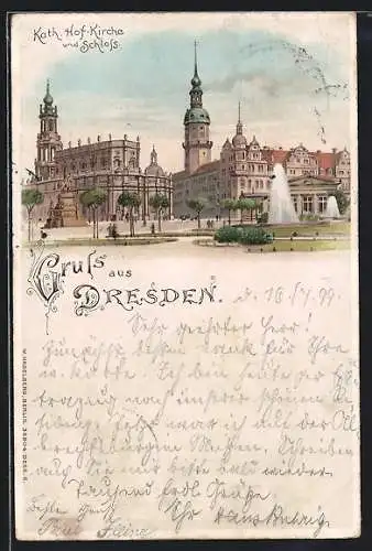 Lithographie Dresden, Katholische Hof-Kirche und Schloss