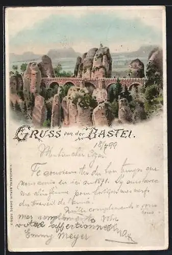 Lithographie Bastei, Blick auf die Brücke