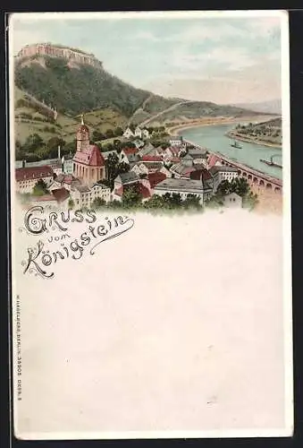 Lithographie Königstein i. Sa., Gesamtansicht mit Elbe