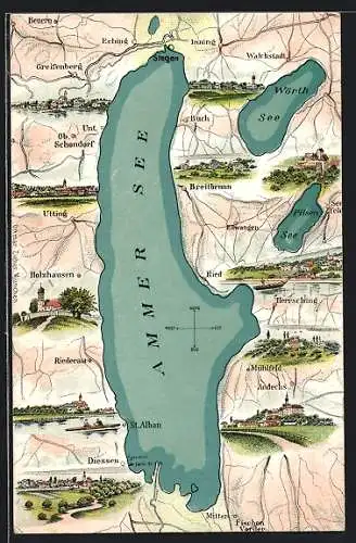 AK Diessen / Ammersee, Karte mit umgebenden Orten