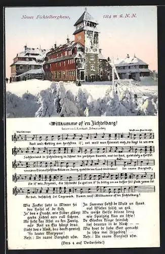 AK Neues Fichtelberghaus, Lied Willkumme of`en Fichtelbarg