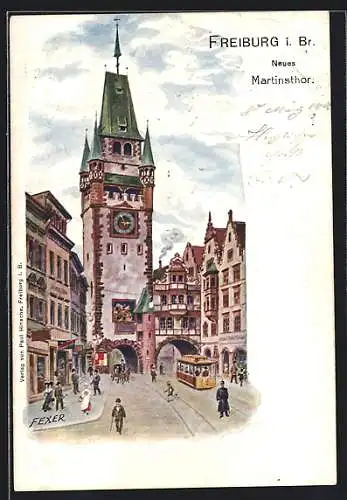 Lithographie Freiburg i. Br., Martinsthor mit Strassenbahn und Anwohnern