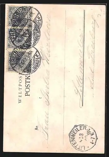 Lithographie Freiburg i. Br., Martinsthor mit Strassenbahn und Anwohnern