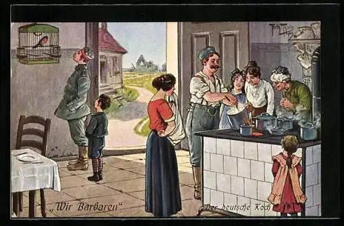 Künstler-AK A. Thiele: Soldat zeigt ausländischen Frauen die deutsche Küche, Vogel