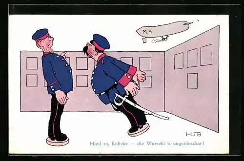 Künstler-AK H.S.B.: Soldaten als Holzfiguren, Zeppelin