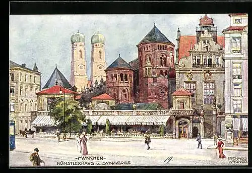 Künstler-AK Richard Wagner: München, Künstlerhaus und Synagoge