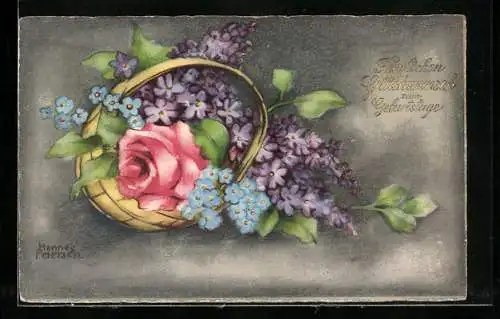Künstler-AK Hannes Petersen: Rose, Flieder und Vergissmeinnicht in einem Blumenkorb