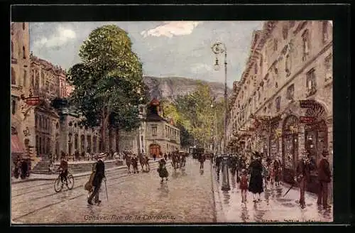 Künstler-AK Georges Stein: Geneve, Rue de la Corraterie, Lebendiges treiben in der Stadt