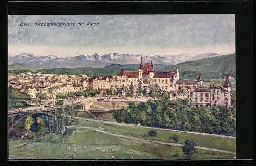 Künstler-AK Georges Stein: Bern, Kirchenfeldbrücke mit Alpen