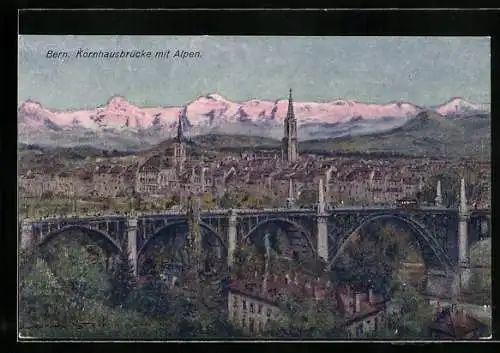 Künstler-AK Georges Stein: Bern, Kornhausbrücke mit Alpen