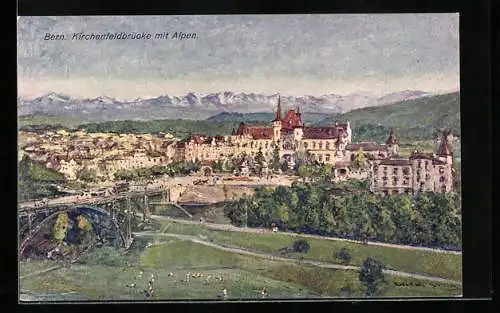 Künstler-AK Georges Stein: Bern, Kirchenfeldbrücke mit Alpen