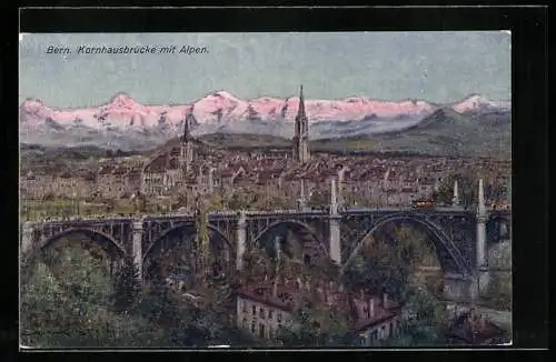 Künstler-AK Georges Stein: Bern, Kornhausbrücke mit Alpen