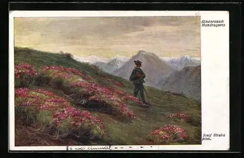 Künstler-AK Josef Straka: Almenrausch Mandragores, Wanderer im Gebirge