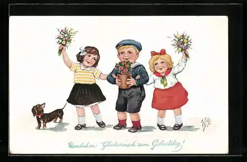Künstler-AK Willi Scheuermann: Glückwunsch zum Geburtstag!, Kinder mit Blumen