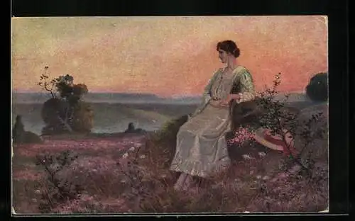 Künstler-AK Ernst Schlemo: Heiderose, Frau blickt auf ein Blumenfeld