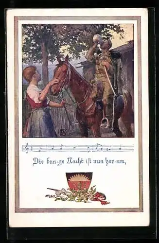 Künstler-AK Karl Friedrich Gsur, Deutscher Schulverein Nr. 1234: Soldat der Kavallerie an einem Bauerngehöft