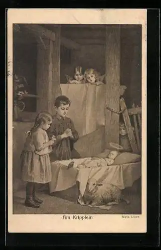 Künstler-AK Meta Löwe: Am Kripplein, Kinder und Engel