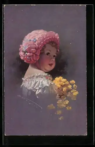 Künstler-AK Ludwig Knoefel: Kleines Mädchen mit Rüschenkappe und gelbem Blumenstrauss