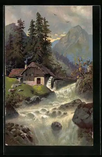 Künstler-AK Robert Kämmerer: Alpenlandschaft mit Mühle