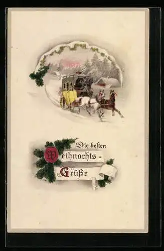AK Postkutsche passiert ein verscheintes Dörflein, Weihnachtsgruss
