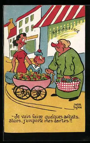 AK Je vais faire quelques achats..., französischer Scherz, Verkauf mit Karten