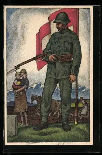 AK Schweizer Soldat in Uniform mit Gewehr mit schweizer Fahne