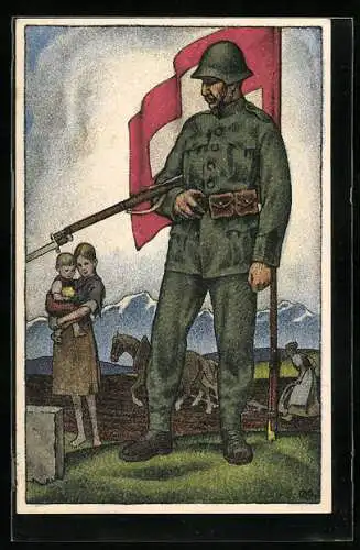 AK Schweizer Soldat in Uniform mit Gewehr mit schweizer Fahne